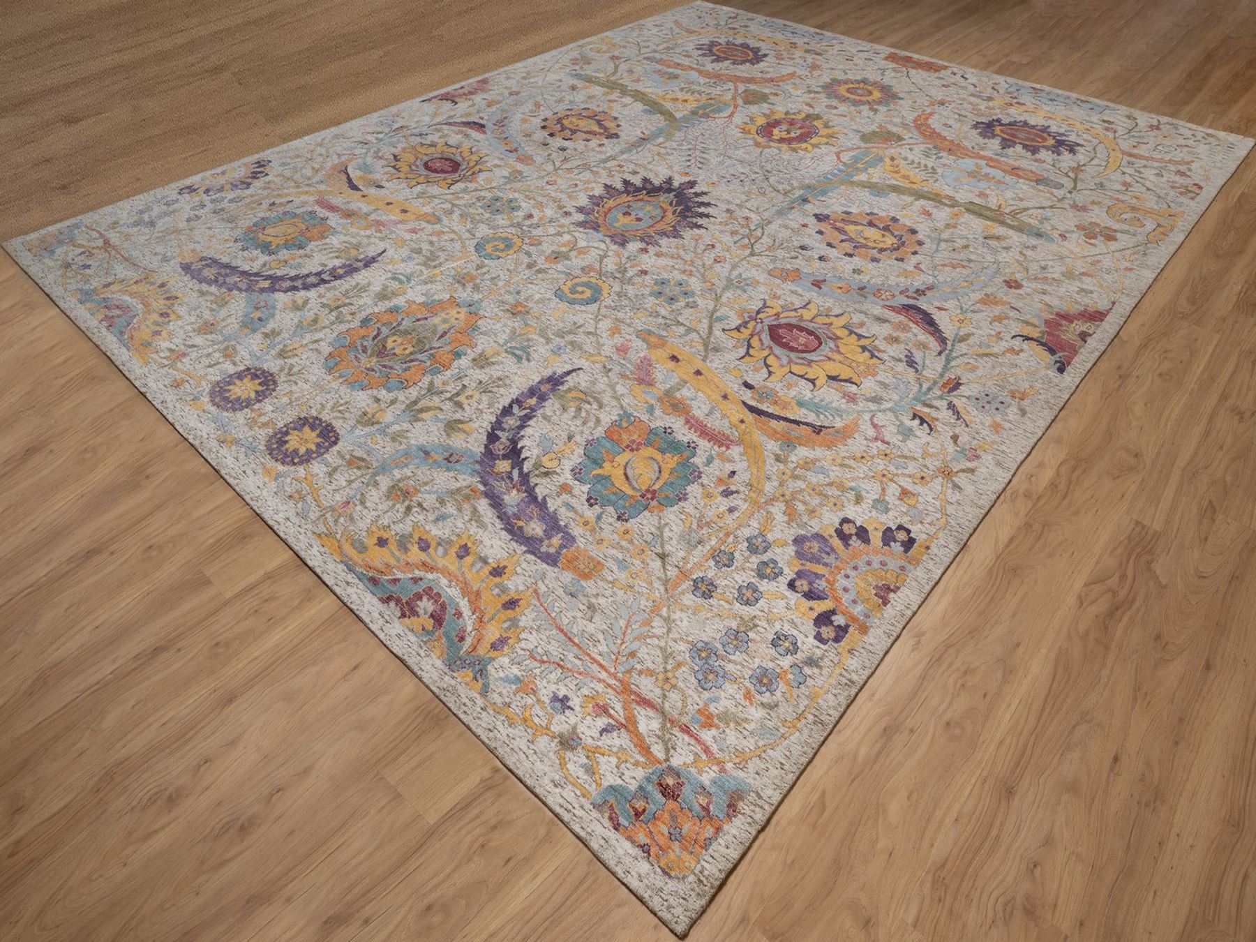 11'9"x15'2" Ivory and Brown, Colorful Sickle Leaf Design, Hand Knotted, Silk with Textured Wool, Oversized, XL, Oriental Rug HR92621 - Image 3