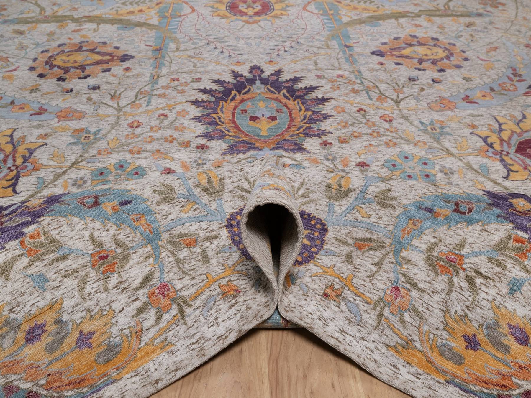 11'9"x15'2" Ivory and Brown, Colorful Sickle Leaf Design, Hand Knotted, Silk with Textured Wool, Oversized, XL, Oriental Rug HR92621 - Image 5