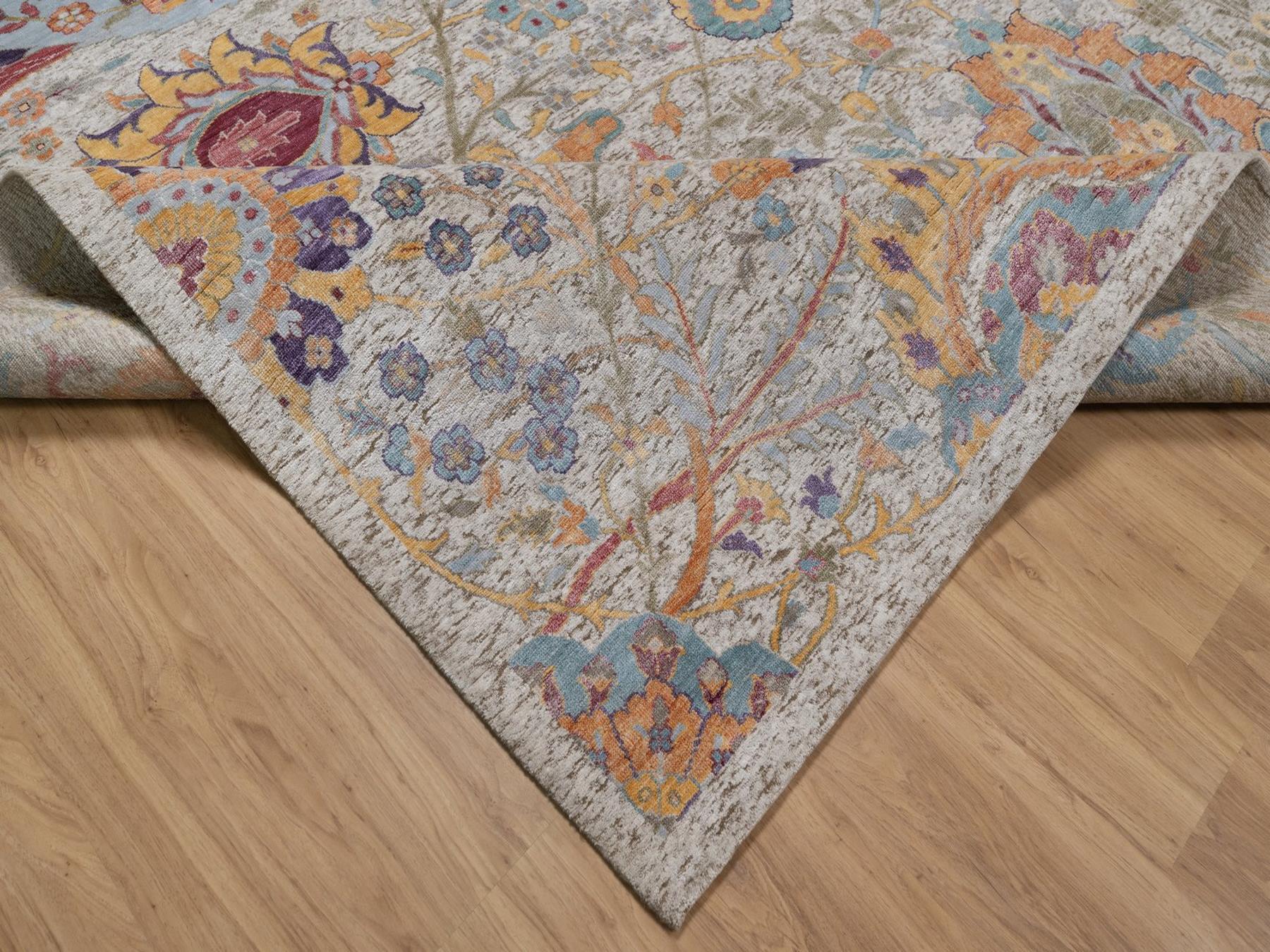 11'9"x15'2" Ivory and Brown, Colorful Sickle Leaf Design, Hand Knotted, Silk with Textured Wool, Oversized, XL, Oriental Rug HR92621 - Image 6