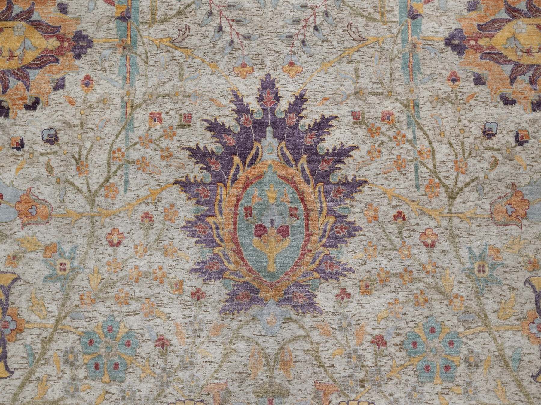 11'9"x15'2" Ivory and Brown, Colorful Sickle Leaf Design, Hand Knotted, Silk with Textured Wool, Oversized, XL, Oriental Rug HR92621 - Image 8