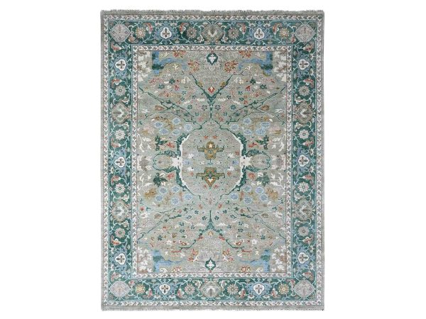 9'x11'10" Camouflage Green, Oushak with Floral Motifs, Hand Knotted, Pure Wool, Soft Pile, Denser Weave, Oriental Rug HR10310
