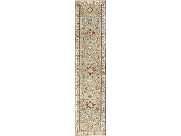 2'8"x12'7" Sage Green, Organic Wool, Vegetable Dyes, Denser Weave, Kazak with Geometric Medallions Design, Hand Knotted, Runner, Oriental Rug HR2028