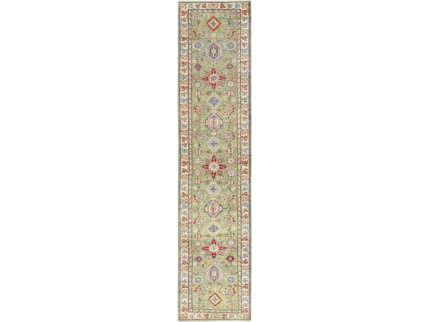 2'8"x12'7" Sage Green, Organic Wool, Vegetable Dyes, Denser Weave, Kazak with Geometric Medallions Design, Hand Knotted, Runner, Oriental Rug HR2028