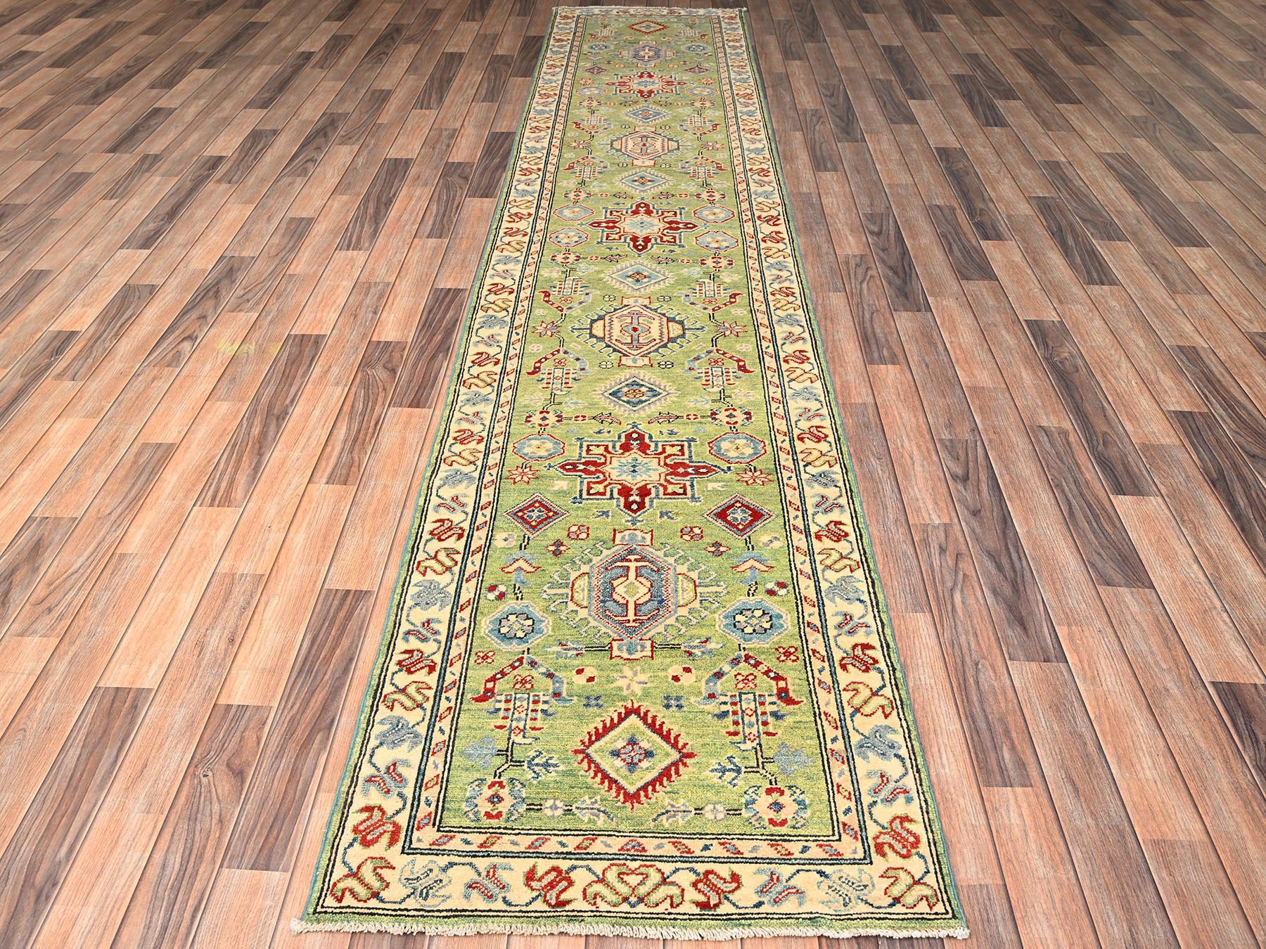 2'8"x12'7" Sage Green, Organic Wool, Vegetable Dyes, Denser Weave, Kazak with Geometric Medallions Design, Hand Knotted, Runner, Oriental Rug HR2028 - Image 2