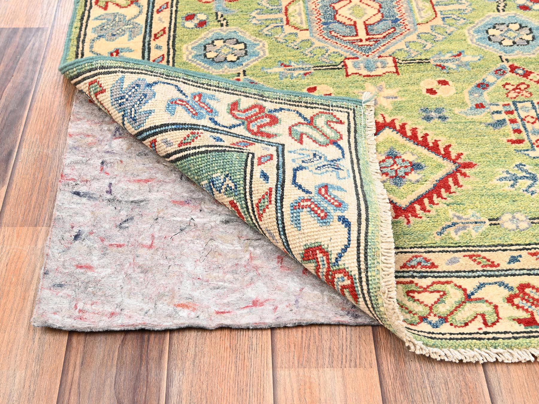 2'8"x12'7" Sage Green, Organic Wool, Vegetable Dyes, Denser Weave, Kazak with Geometric Medallions Design, Hand Knotted, Runner, Oriental Rug HR2028 - Image 3
