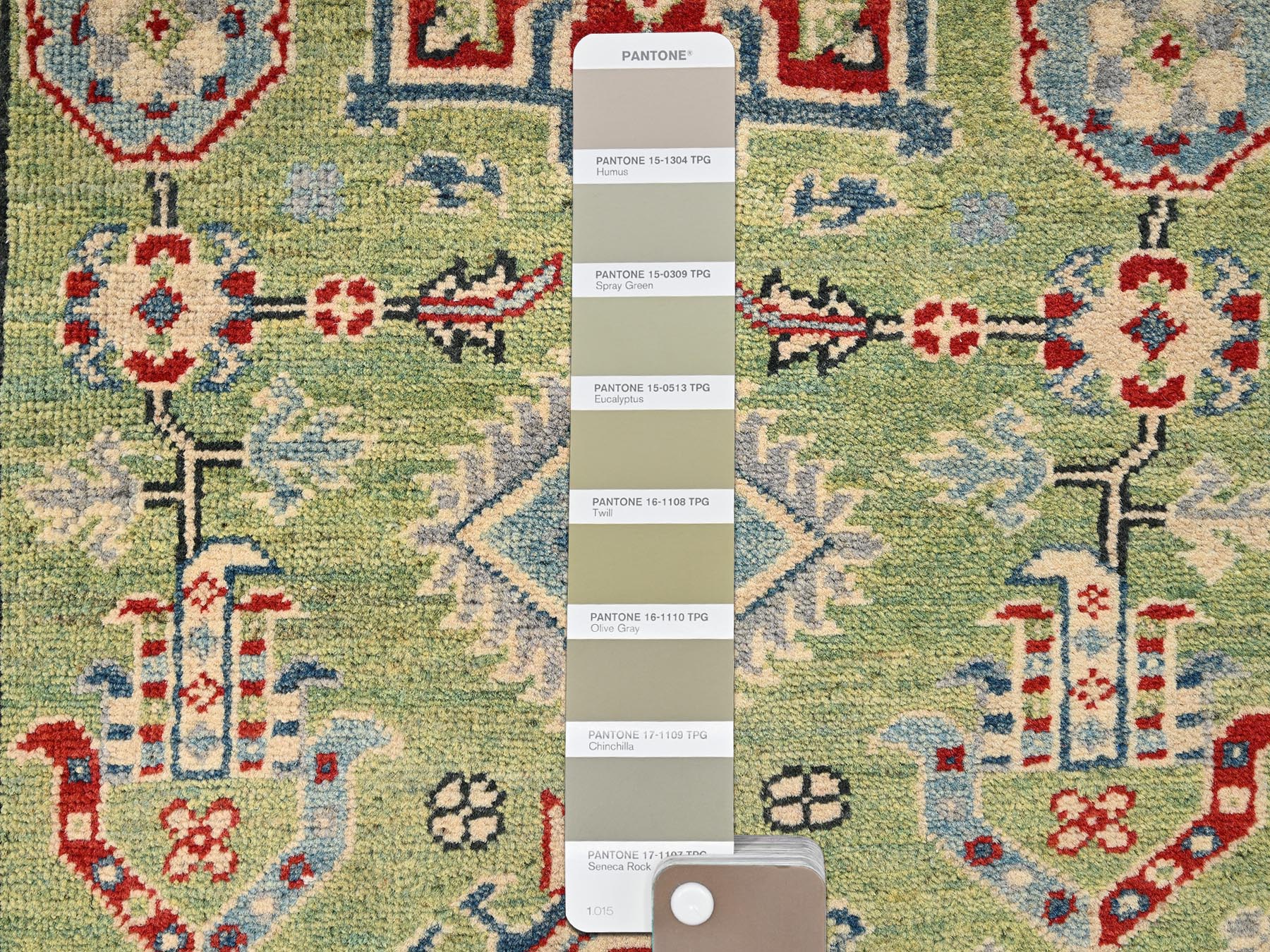 2'8"x12'7" Sage Green, Organic Wool, Vegetable Dyes, Denser Weave, Kazak with Geometric Medallions Design, Hand Knotted, Runner, Oriental Rug HR2028 - Image 4