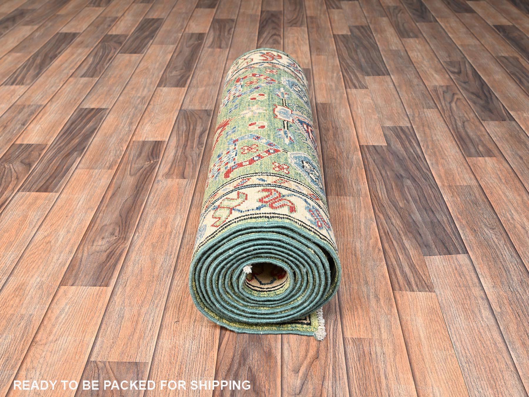 2'8"x12'7" Sage Green, Organic Wool, Vegetable Dyes, Denser Weave, Kazak with Geometric Medallions Design, Hand Knotted, Runner, Oriental Rug HR2028 - Image 5