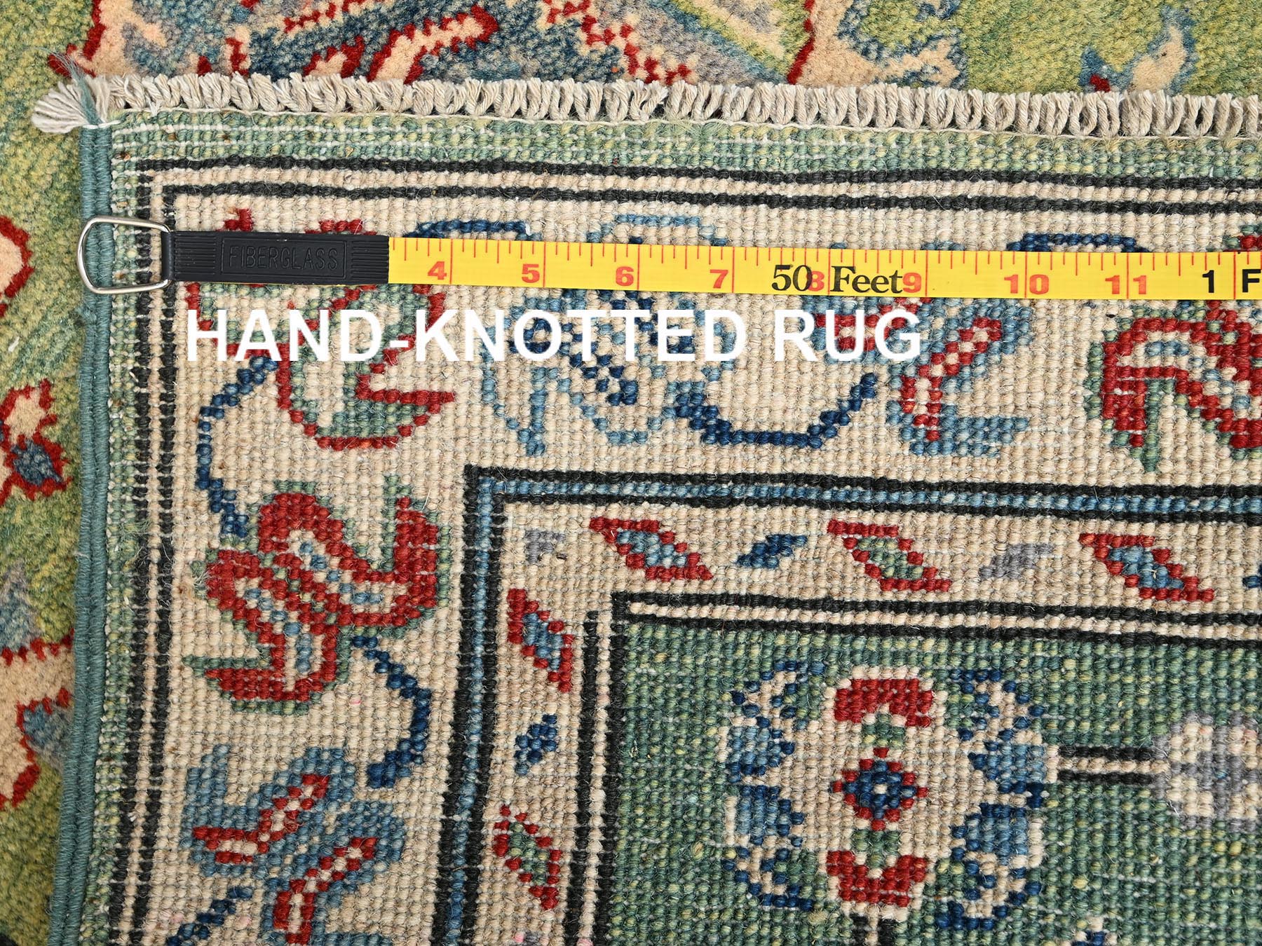 2'8"x12'7" Sage Green, Organic Wool, Vegetable Dyes, Denser Weave, Kazak with Geometric Medallions Design, Hand Knotted, Runner, Oriental Rug HR2028 - Image 7