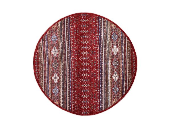 9'7"x9'7" Red Round Super Kazak Khorjin Design Natural Wool Hand Knotted Oriental Rug HR54958