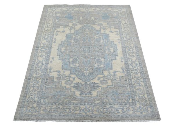 4'x5'3" Beige Stone Wash Peshawar with Geometric Medallion Design Hand Knotted Soft Afghan Wool Oriental Rug HR70383