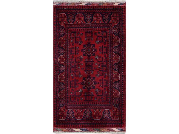 2'7"x4'5" Carmine Red, Afghan Khamyab with Tribal Design, Soft and Velvety Wool, Hand Knotted, Vegetable Dyes, Oriental RuHRSh712