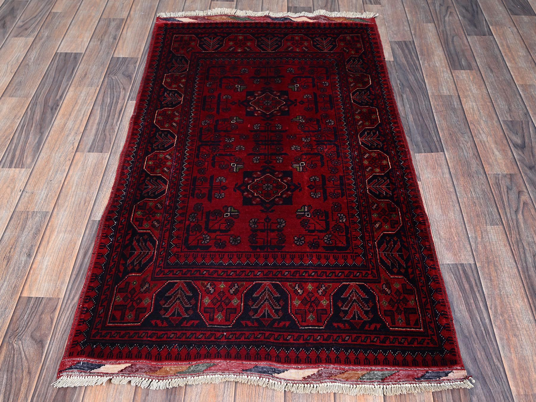 2'7"x4'5" Carmine Red, Afghan Khamyab with Tribal Design, Soft and Velvety Wool, Hand Knotted, Vegetable Dyes, Oriental RuHRSh712 - Image 2