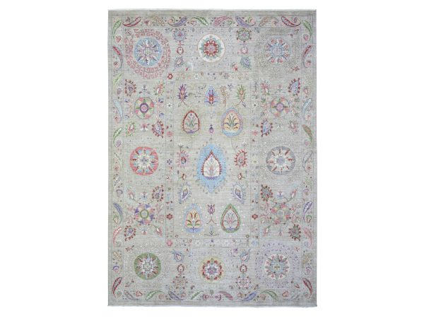 10'x13'10" Light Beige, Soft and Shiny Wool Hand Knotted, Fine Peshawar with Suzani Design, Natural Dyes Dense Weave, Oriental Rug HR72929