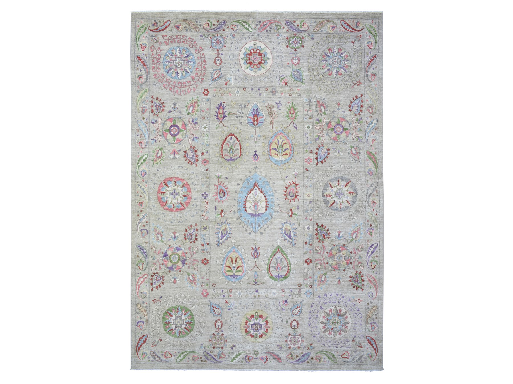 10'x13'10" Light Beige, Soft and Shiny Wool Hand Knotted, Fine Peshawar with Suzani Design, Natural Dyes Dense Weave, Oriental Rug HR72929