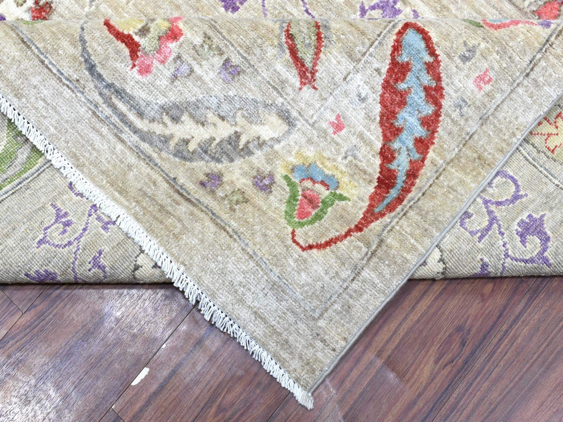 10'x13'10" Light Beige, Soft and Shiny Wool Hand Knotted, Fine Peshawar with Suzani Design, Natural Dyes Dense Weave, Oriental Rug HR72929 - Image 6