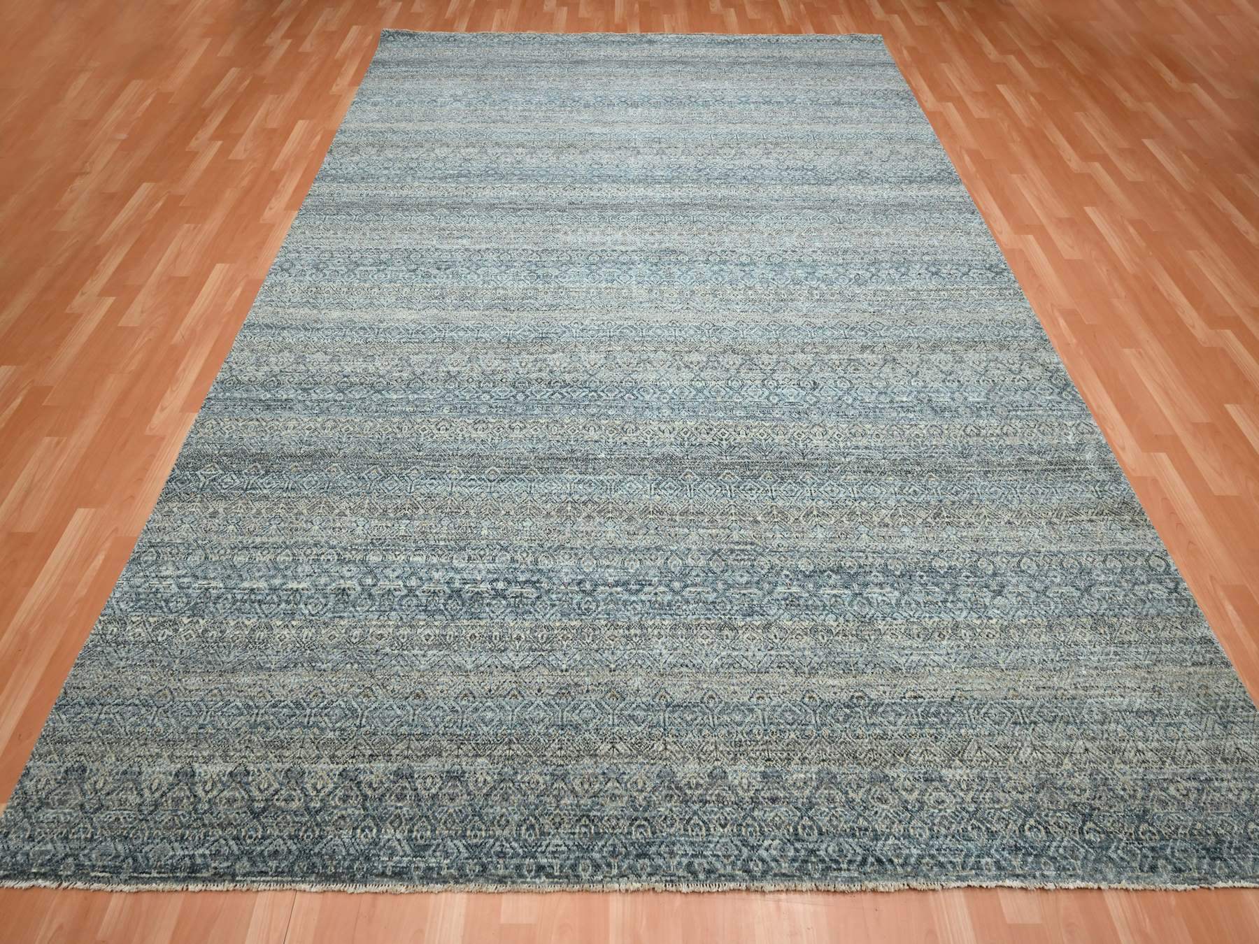 9'x12'2" Marengo Gray with Blue, Kohinoor Herat Pattern, Small Geometric Repetitive Diamond Design, Soft and Shiny Wool, Hand Knotted, Oriental Rug HR75546 - Image 2