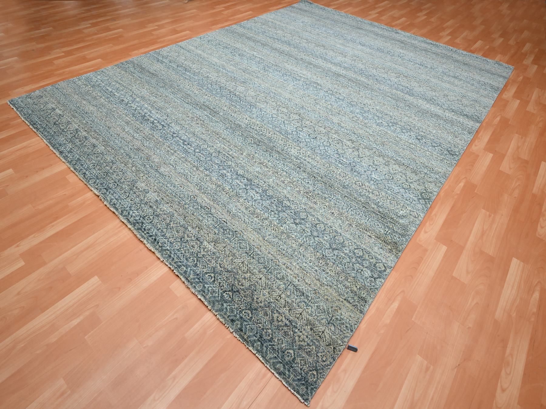 9'x12'2" Marengo Gray with Blue, Kohinoor Herat Pattern, Small Geometric Repetitive Diamond Design, Soft and Shiny Wool, Hand Knotted, Oriental Rug HR75546 - Image 3