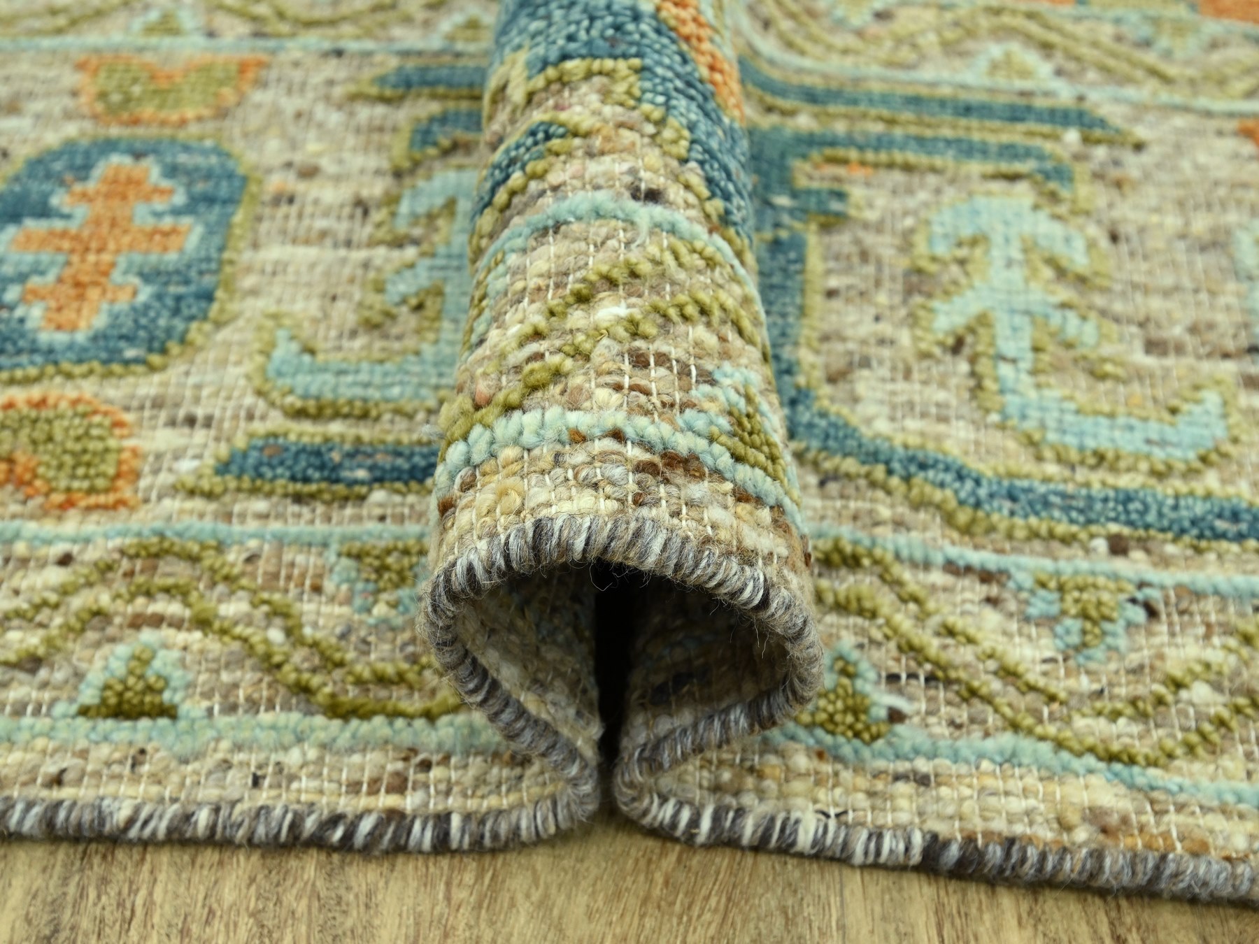 12'2"x14'10" Tan Brown, Oushak with Exposed Warps, Oxidized and Distressed, Hand Knotted, Pure Wool, Oversized, XL, Oriental Rug HR77005 - Image 5
