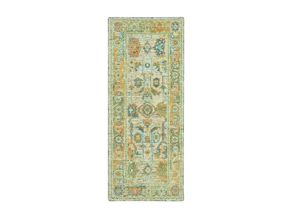 4'2"x10'2" Tan Brown, Oushak with Exposed Warps, Oxidized and Distressed, Hand Knotted, Pure Wool, Wide Runner, Oriental Rug HR77025