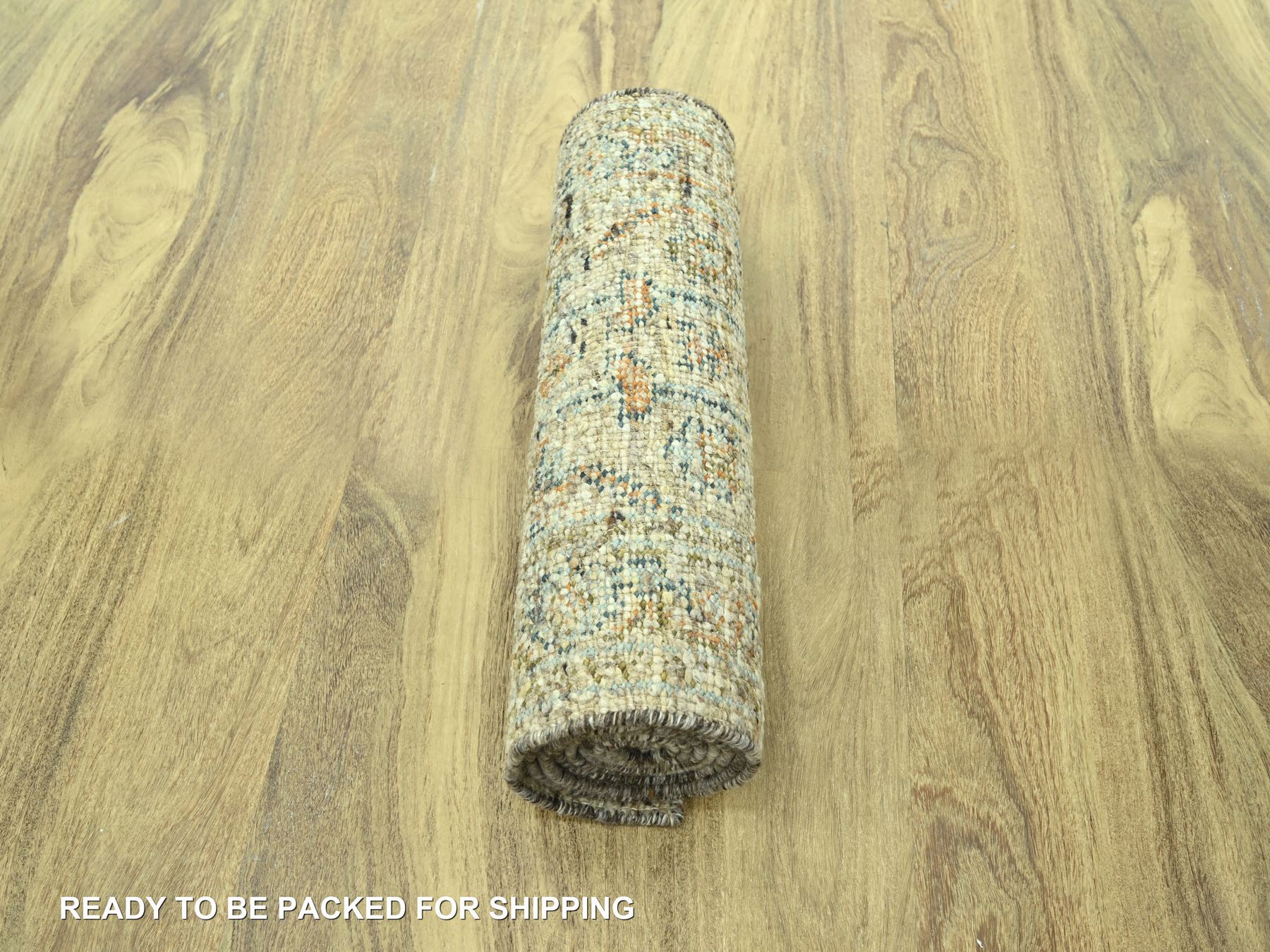 2'7"x10'1" Tan Brown, Oushak with Exposed Warps, Oxidized and Distressed, Hand Knotted, Pure Wool, Runner, Oriental Rug HR77036 - Image 5
