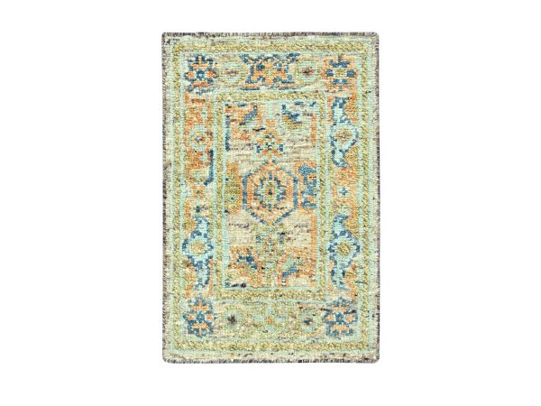 2'2"x3'2" Tan Brown, Oushak with Exposed Warps, Oxidized and Distressed, Pure Wool, Hand Knotted, Sample, Mat, Oriental Rug HR77039