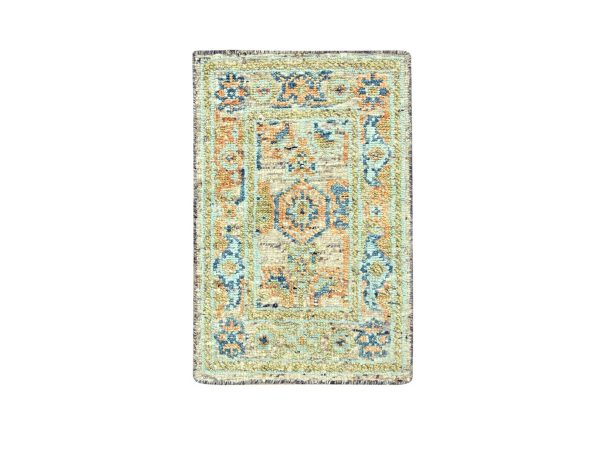 2'2"x3'1" Tan Brown, Oushak with Exposed Warps, Oxidized and Distressed, Pure Wool, Hand Knotted, Sample, Mat, Oriental Rug HR77040