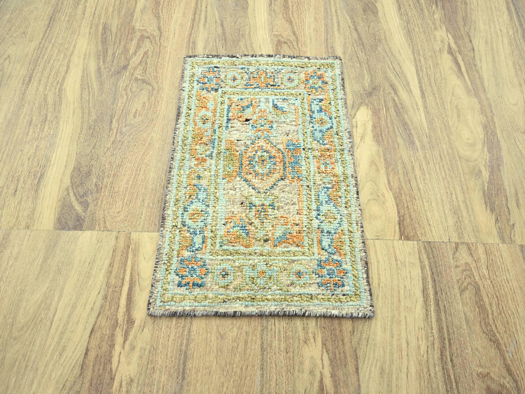 2'2"x3'1" Tan Brown, Oushak with Exposed Warps, Oxidized and Distressed, Pure Wool, Hand Knotted, Sample, Mat, Oriental Rug HR77041 - Image 2
