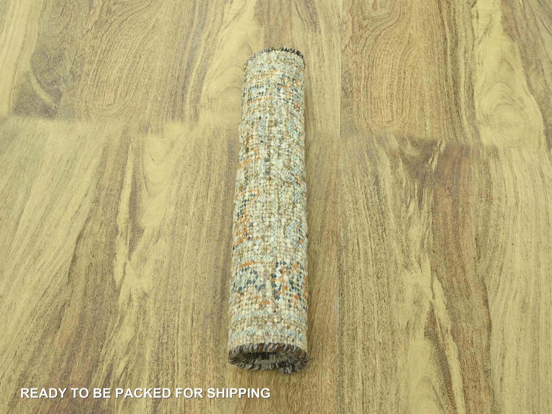 2'2"x3'1" Tan Brown, Oushak with Exposed Warps, Oxidized and Distressed, Pure Wool, Hand Knotted, Sample, Mat, Oriental Rug HR77041 - Image 5