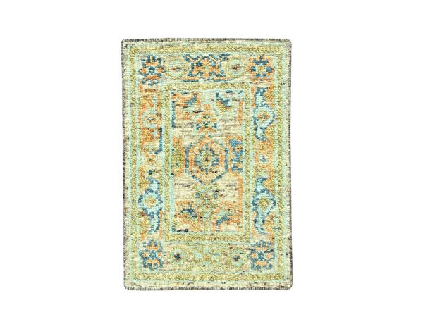 2'1"x3'1" Tan Brown, Oushak with Exposed Warps, Oxidized and Distressed, Pure Wool, Hand Knotted, Sample, Mat, Oriental Rug HR77042