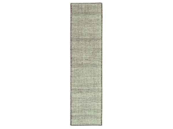 2'7"x12' Wine Red with Ivory, 100% Wool, Hand Knotted, Oxidized and Distressed Grass Design with Exposed Warps, Narrow Runner, Oriental Rug HR77049