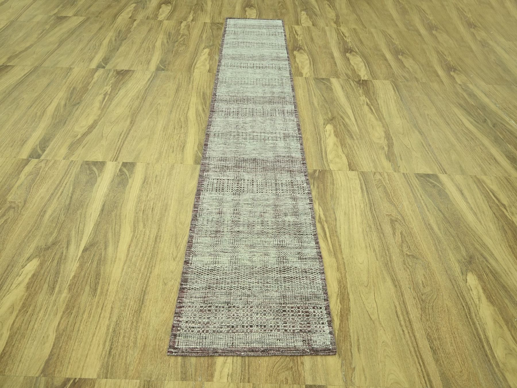 2'7"x12' Wine Red with Ivory, 100% Wool, Hand Knotted, Oxidized and Distressed Grass Design with Exposed Warps, Narrow Runner, Oriental Rug HR77050 - Image 2