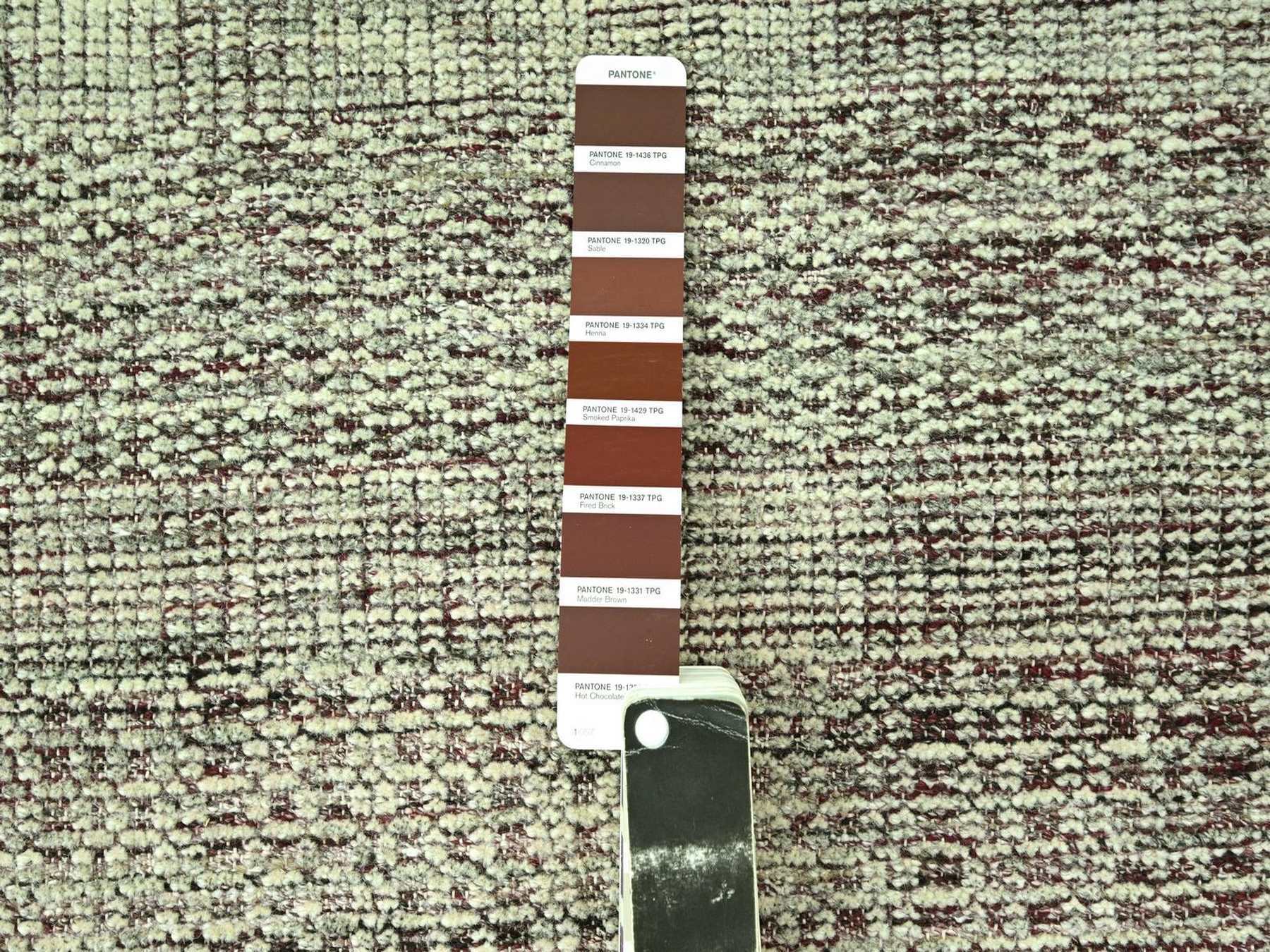 2'7"x12' Wine Red with Ivory, 100% Wool, Hand Knotted, Oxidized and Distressed Grass Design with Exposed Warps, Narrow Runner, Oriental Rug HR77050 - Image 4
