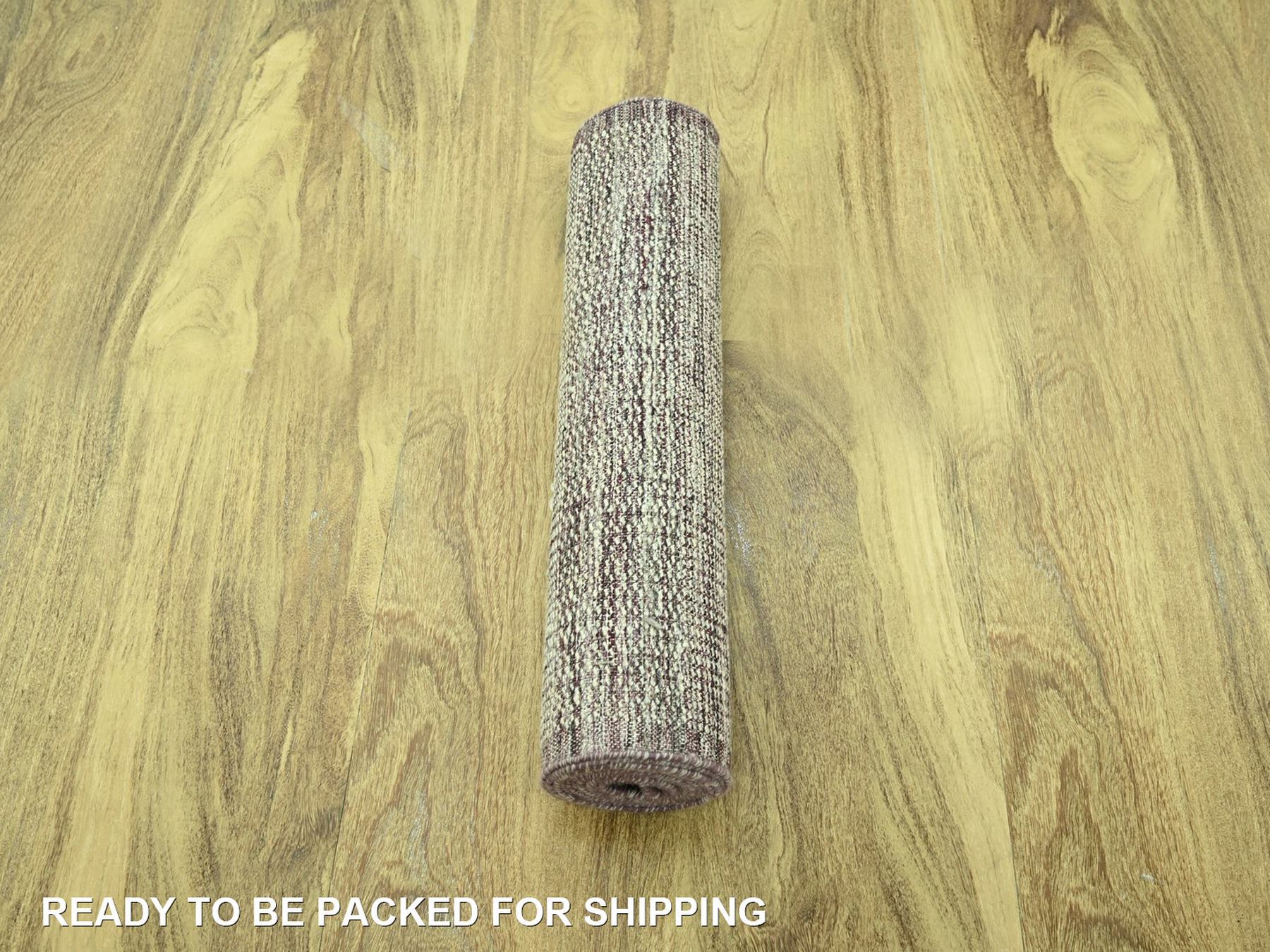 2'7"x12' Wine Red with Ivory, 100% Wool, Hand Knotted, Oxidized and Distressed Grass Design with Exposed Warps, Narrow Runner, Oriental Rug HR77050 - Image 5