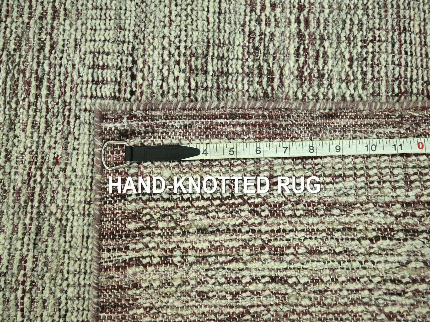 2'7"x12' Wine Red with Ivory, 100% Wool, Hand Knotted, Oxidized and Distressed Grass Design with Exposed Warps, Narrow Runner, Oriental Rug HR77050 - Image 7