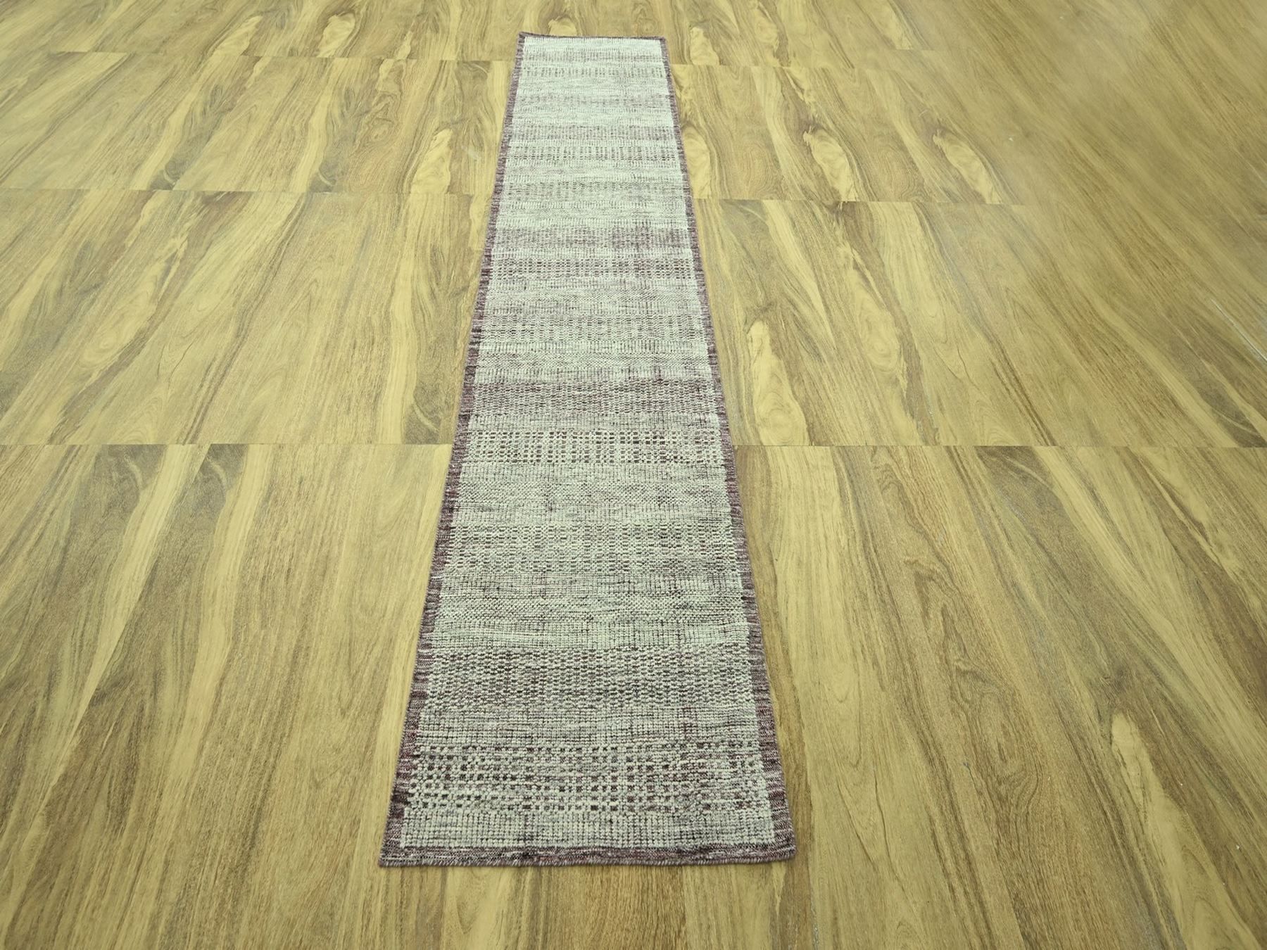 2'7"x12' Wine Red with Ivory, 100% Wool, Hand Knotted, Oxidized and Distressed Grass Design with Exposed Warps, Narrow Runner, Oriental Rug HR77051 - Image 2