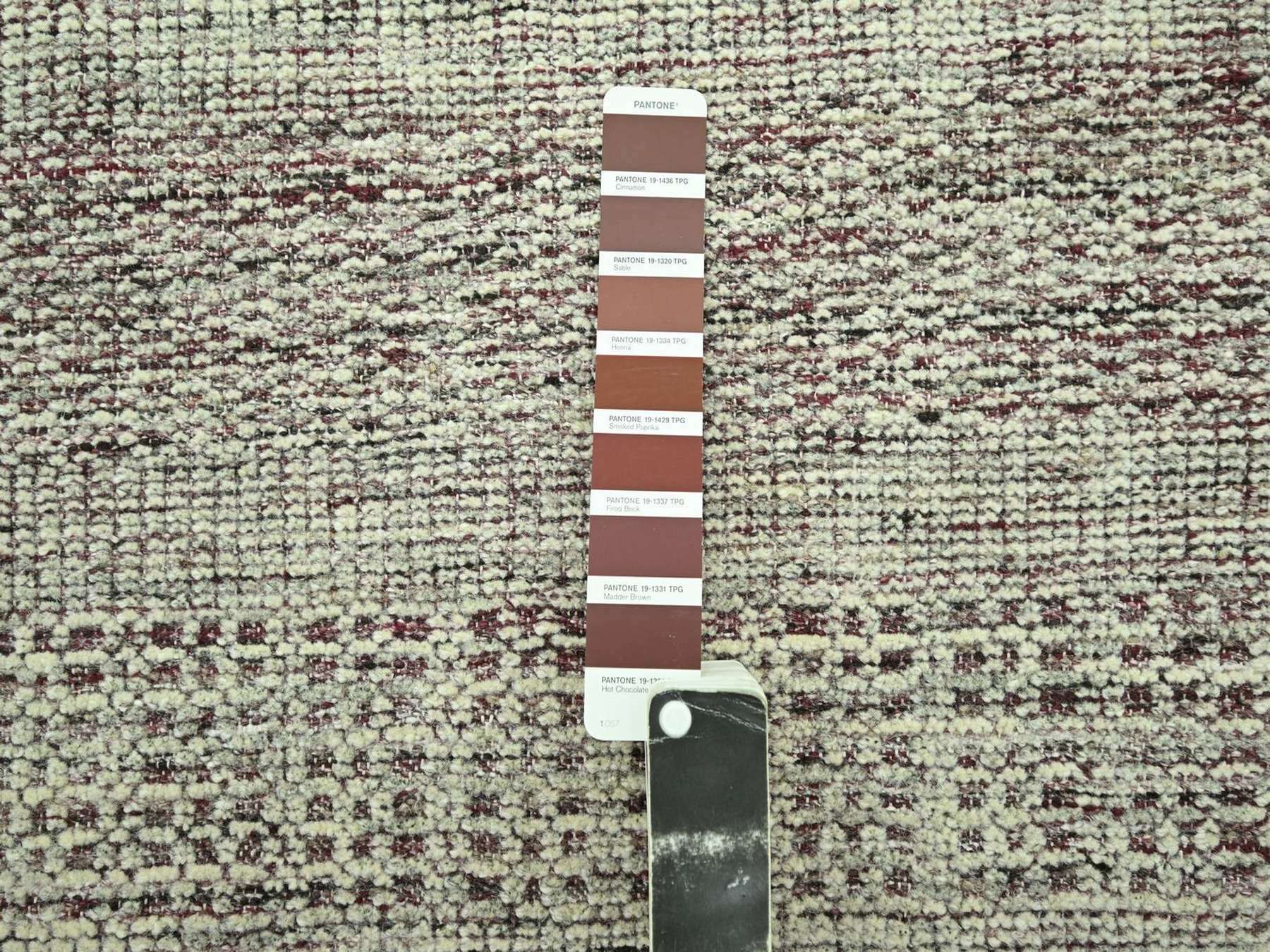 2'7"x12' Wine Red with Ivory, 100% Wool, Hand Knotted, Oxidized and Distressed Grass Design with Exposed Warps, Narrow Runner, Oriental Rug HR77051 - Image 4