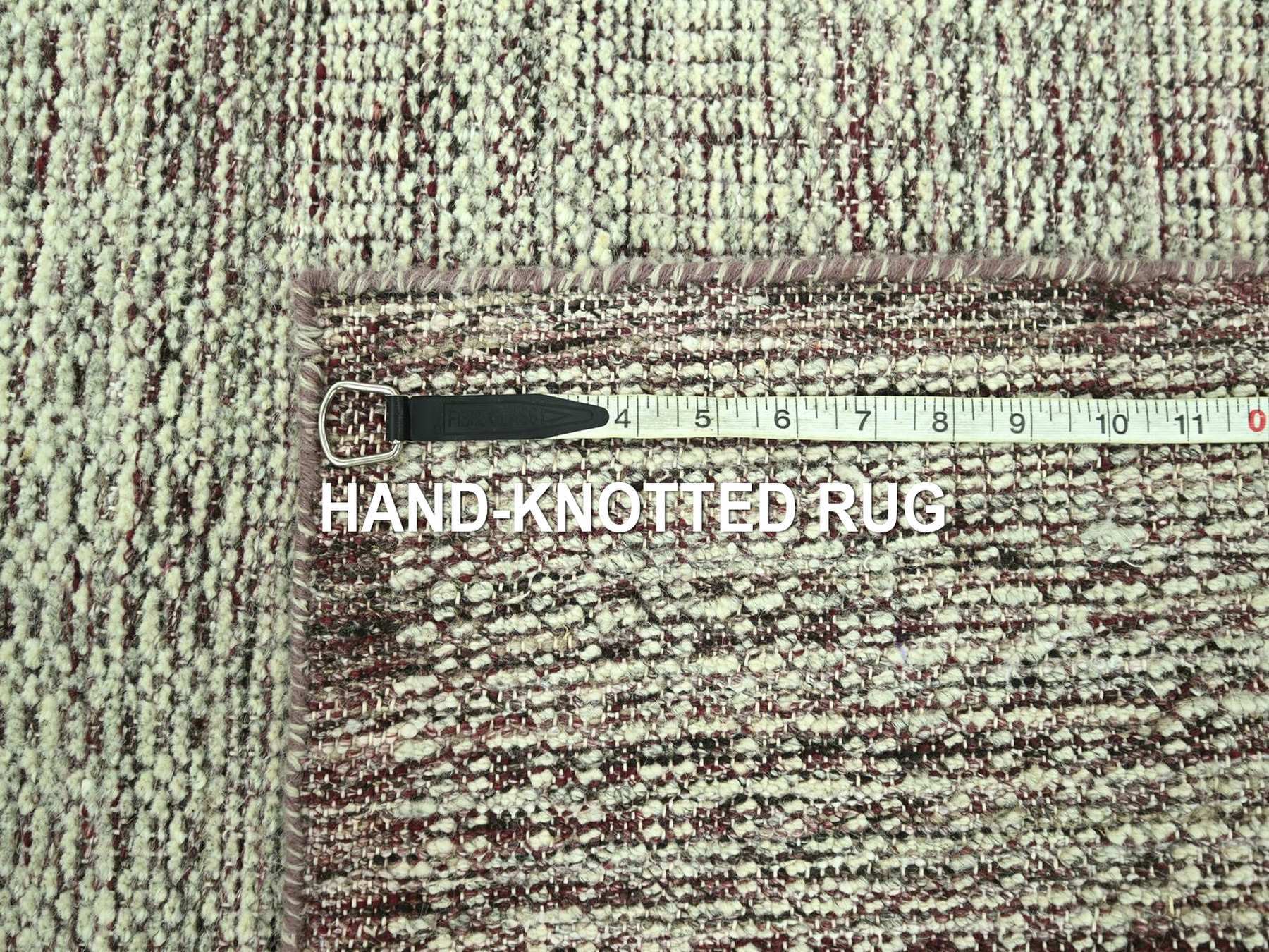 2'7"x12' Wine Red with Ivory, 100% Wool, Hand Knotted, Oxidized and Distressed Grass Design with Exposed Warps, Narrow Runner, Oriental Rug HR77051 - Image 7