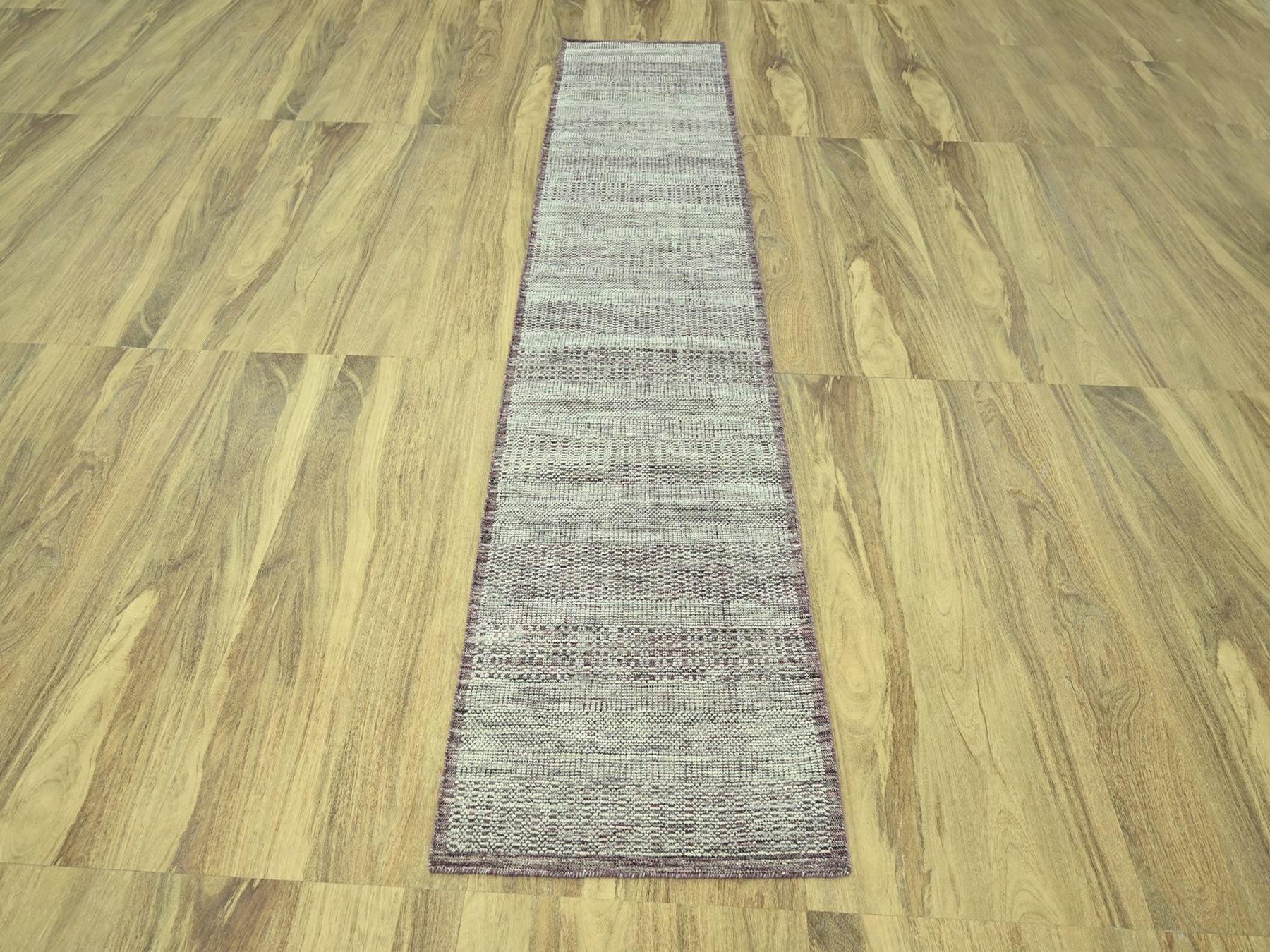 2'7"x10'2" Wine Red with Ivory, Hand Knotted, 100% Wool, Oxidized and Distressed Grass Design with Exposed Warps, Narrow Runner, Oriental Rug HR77052 - Image 2