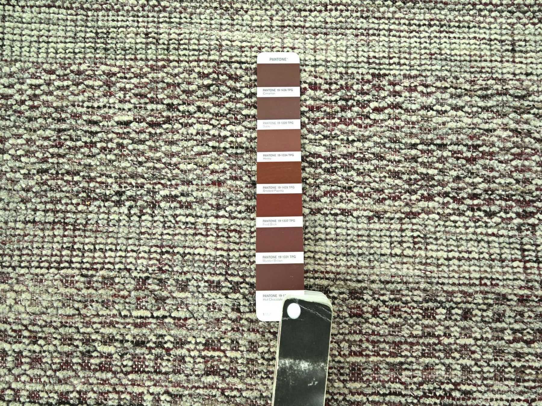 2'7"x10'2" Wine Red with Ivory, Hand Knotted, 100% Wool, Oxidized and Distressed Grass Design with Exposed Warps, Narrow Runner, Oriental Rug HR77052 - Image 4