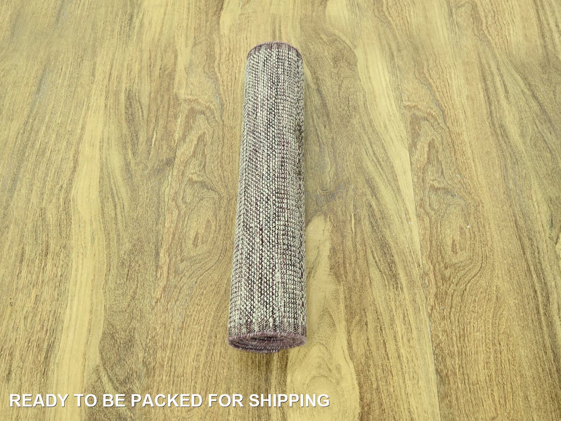 2'7"x10'2" Wine Red with Ivory, Hand Knotted, 100% Wool, Oxidized and Distressed Grass Design with Exposed Warps, Narrow Runner, Oriental Rug HR77052 - Image 5