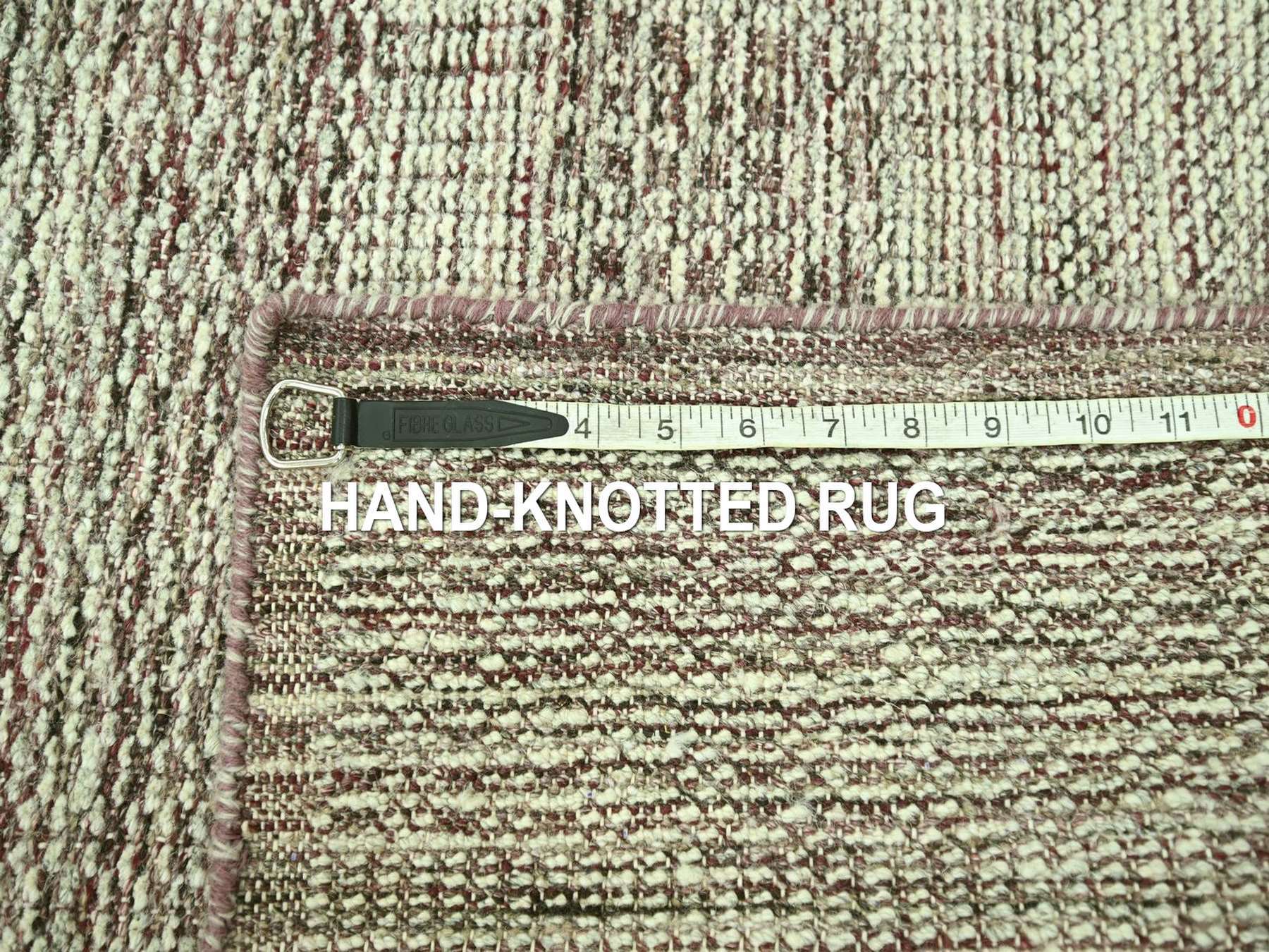 2'7"x10'2" Wine Red with Ivory, Hand Knotted, 100% Wool, Oxidized and Distressed Grass Design with Exposed Warps, Narrow Runner, Oriental Rug HR77052 - Image 7
