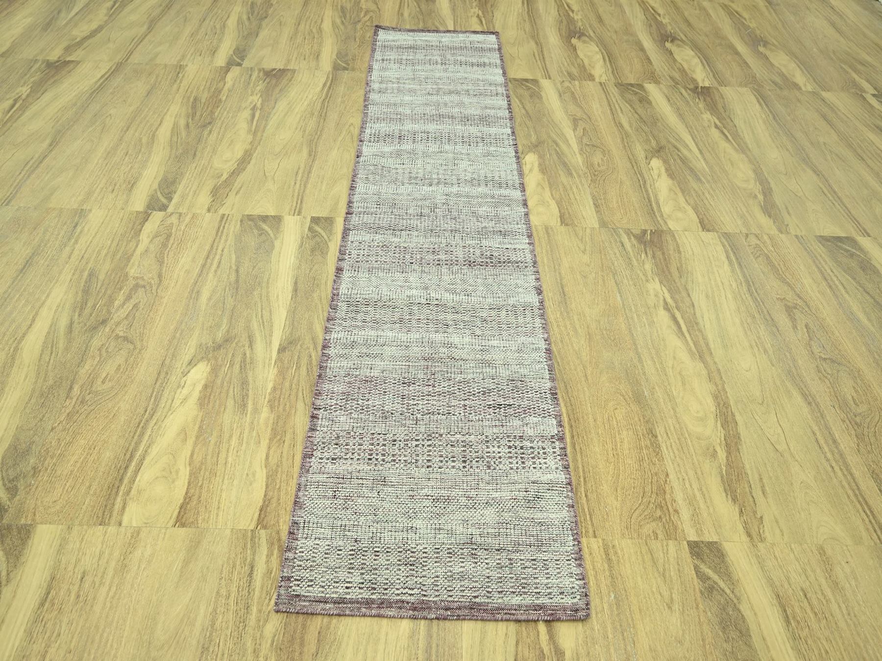 2'7"x10'3" Wine Red with Ivory, Oxidized and Distressed Grass Design with Exposed Warps, 100% Wool, Hand Knotted, Narrow Runner, Oriental Rug HR77053 - Image 2