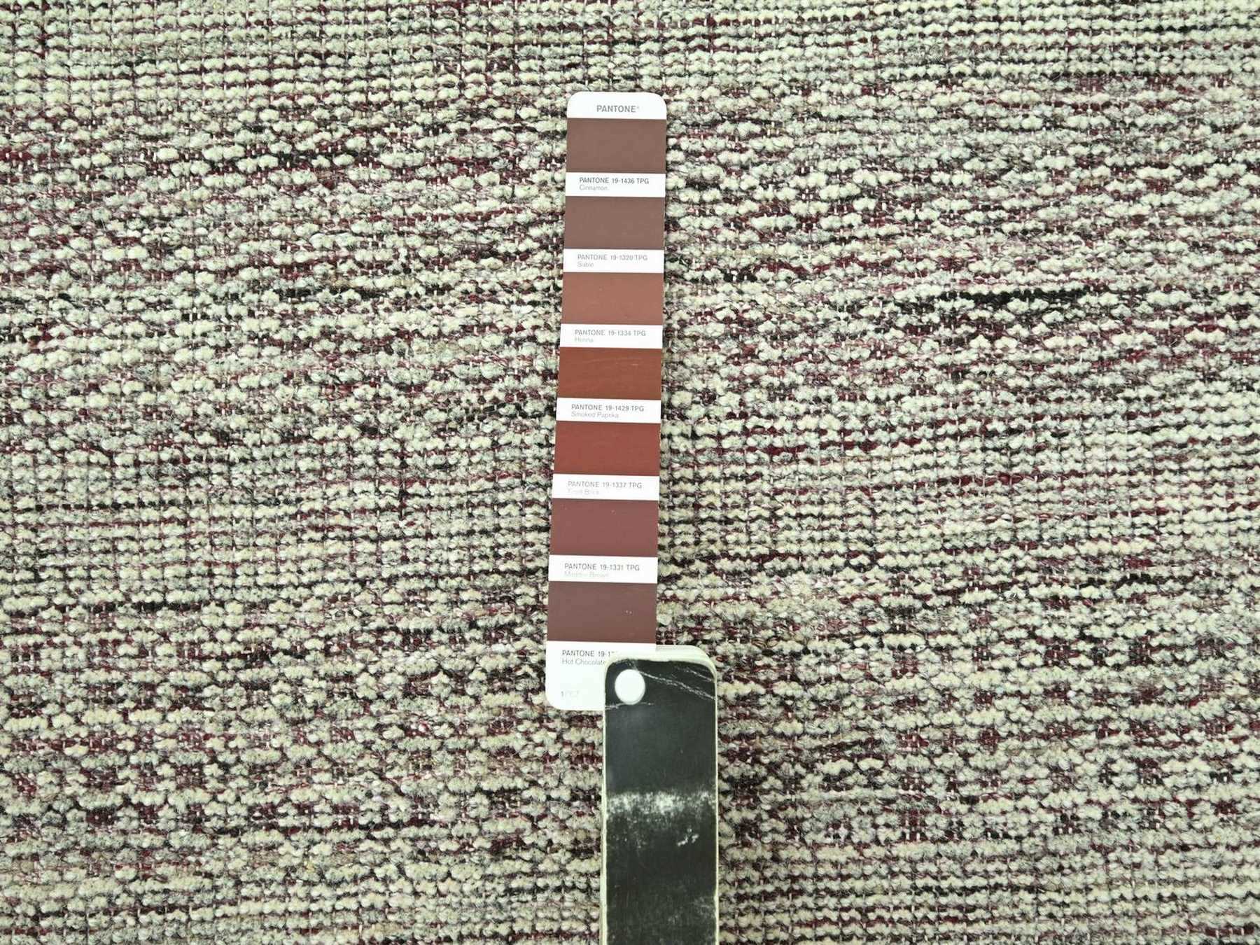 2'7"x10'3" Wine Red with Ivory, Oxidized and Distressed Grass Design with Exposed Warps, 100% Wool, Hand Knotted, Narrow Runner, Oriental Rug HR77053 - Image 4