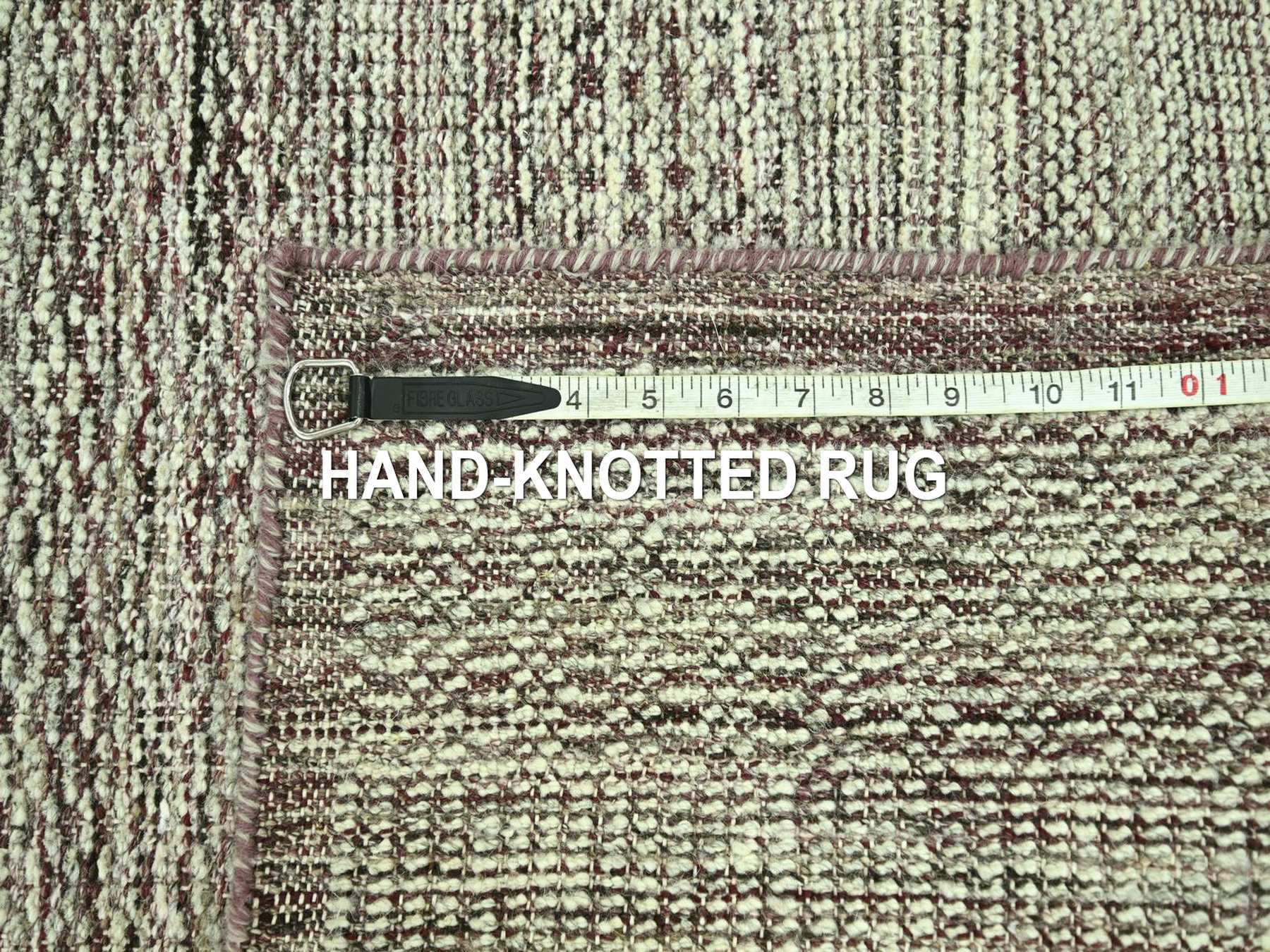 2'7"x10'3" Wine Red with Ivory, Oxidized and Distressed Grass Design with Exposed Warps, 100% Wool, Hand Knotted, Narrow Runner, Oriental Rug HR77053 - Image 7