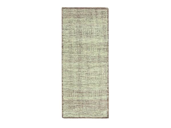 2'7"x6' Wine Red with Ivory, Hand Knotted, Oxidized and Distressed Grass Design with Exposed Warps, 100% Wool, Runner, Oriental Rug HR77055