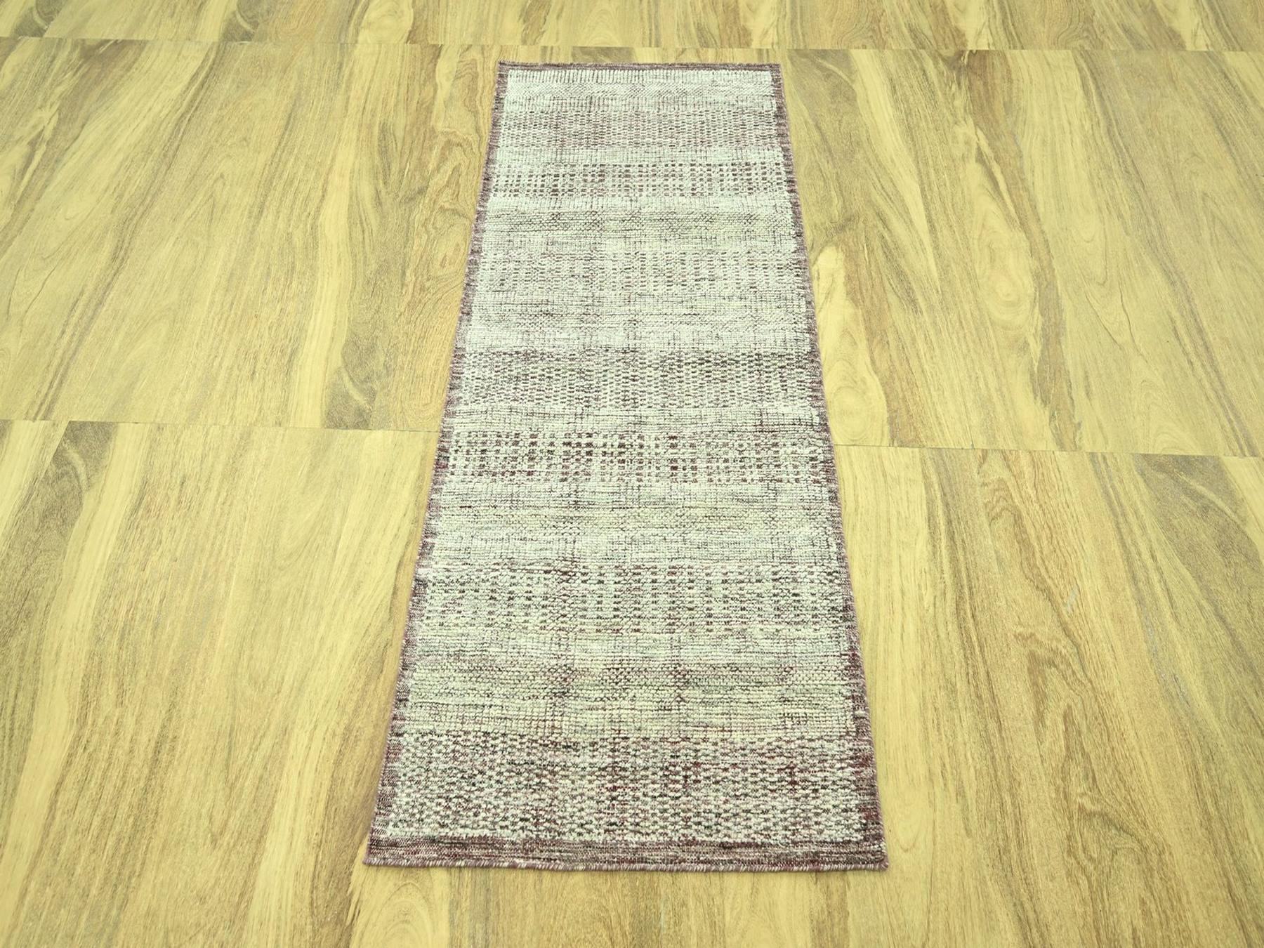 2'7"x6' Wine Red with Ivory, Hand Knotted, Oxidized and Distressed Grass Design with Exposed Warps, 100% Wool, Runner, Oriental Rug HR77055 - Image 2