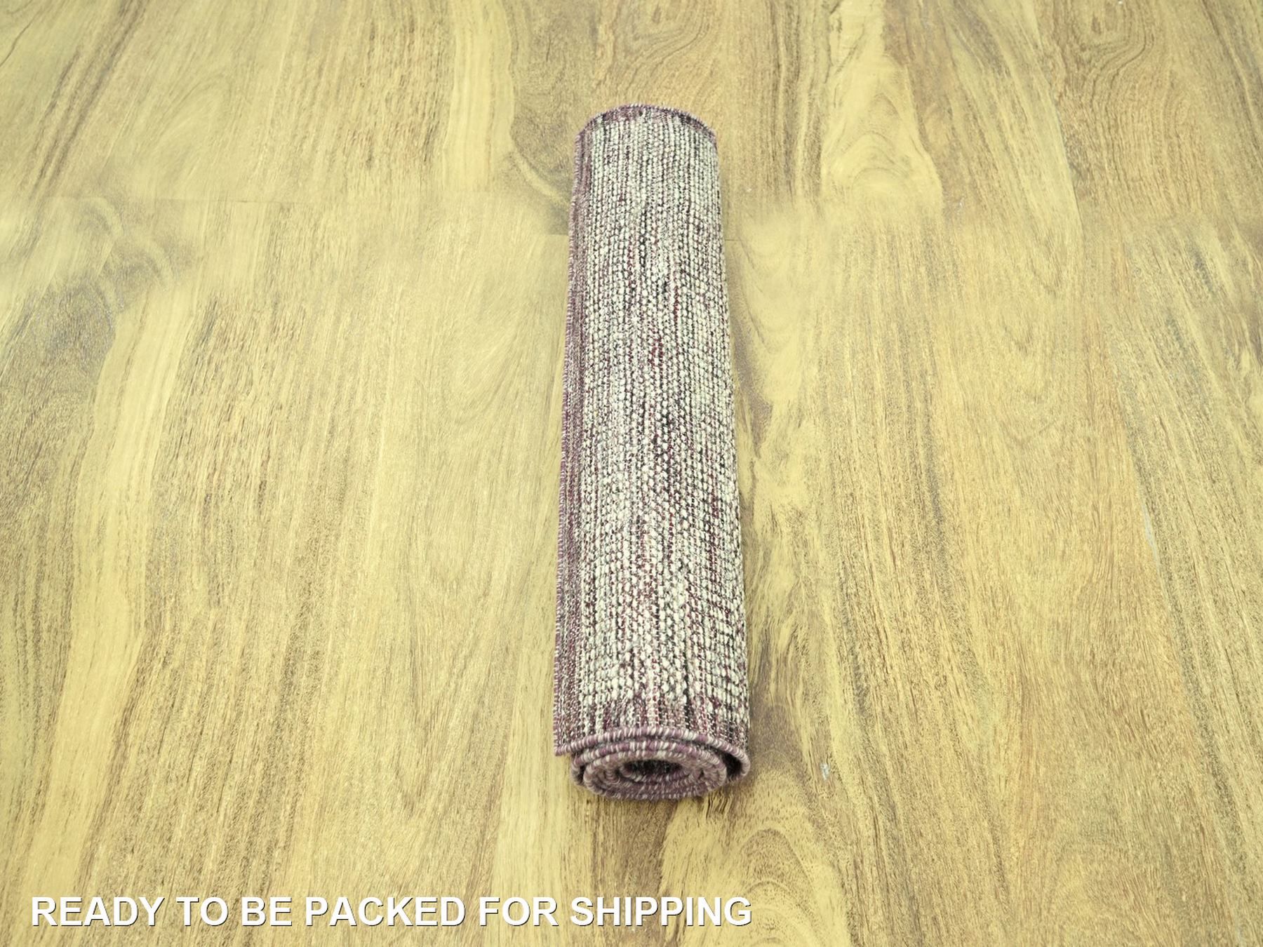 2'7"x6' Wine Red with Ivory, Hand Knotted, Oxidized and Distressed Grass Design with Exposed Warps, 100% Wool, Runner, Oriental Rug HR77055 - Image 5