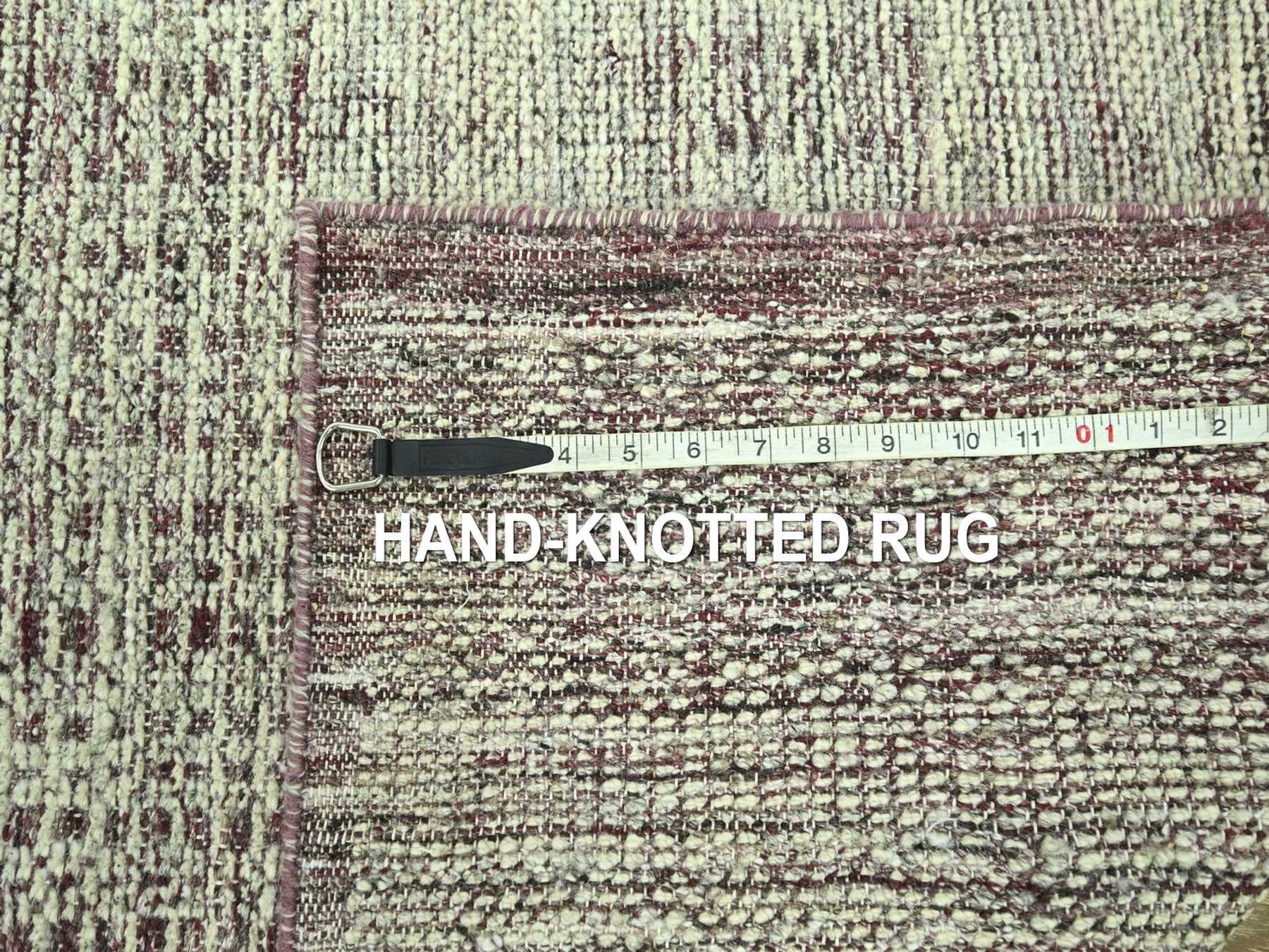 2'7"x6' Wine Red with Ivory, Hand Knotted, Oxidized and Distressed Grass Design with Exposed Warps, 100% Wool, Runner, Oriental Rug HR77055 - Image 7