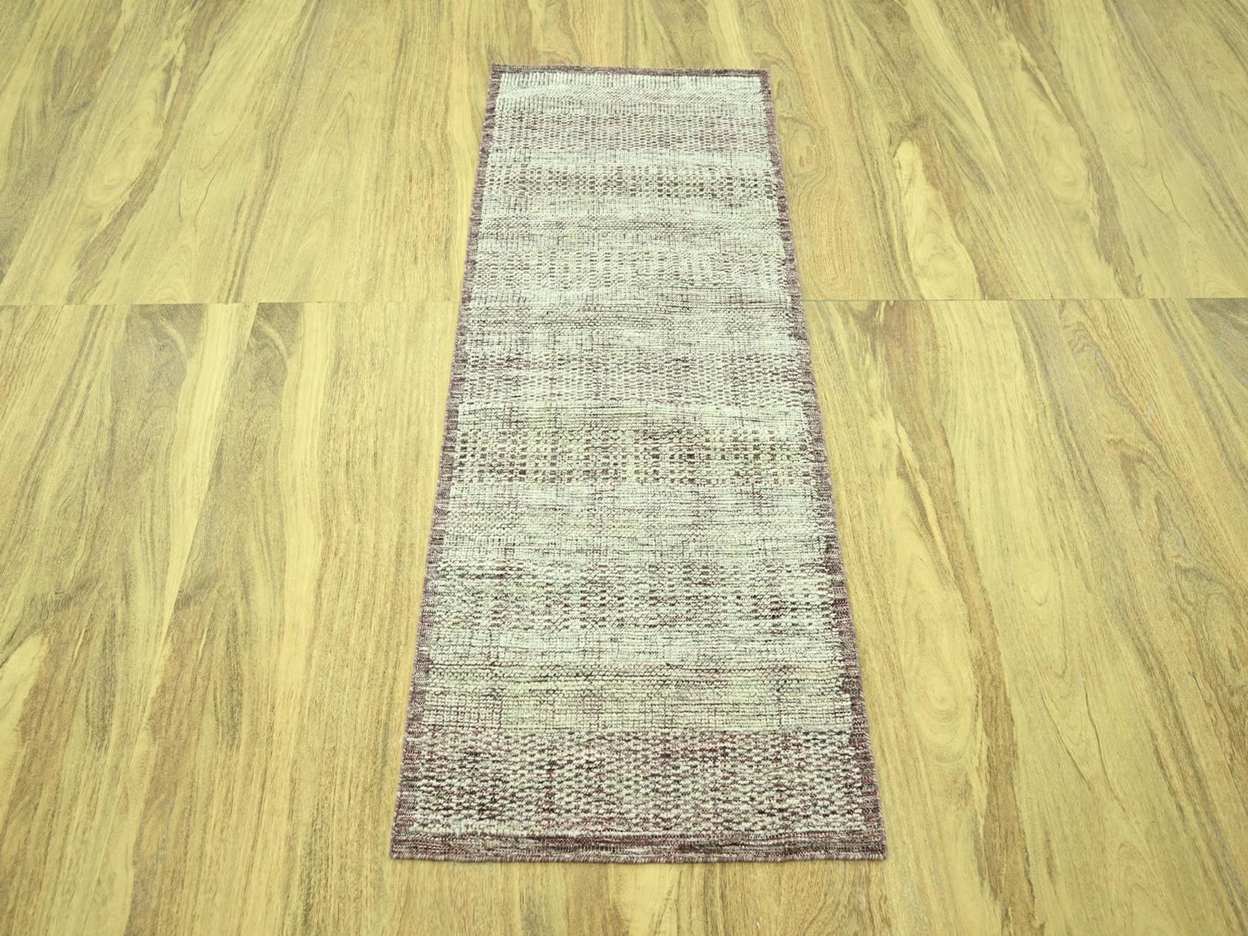 2'7"x6' Wine Red with Ivory, 100% Wool, Hand Knotted, Oxidized and Distressed Grass Design with Exposed Warps, Runner, Oriental Rug HR77056 - Image 2
