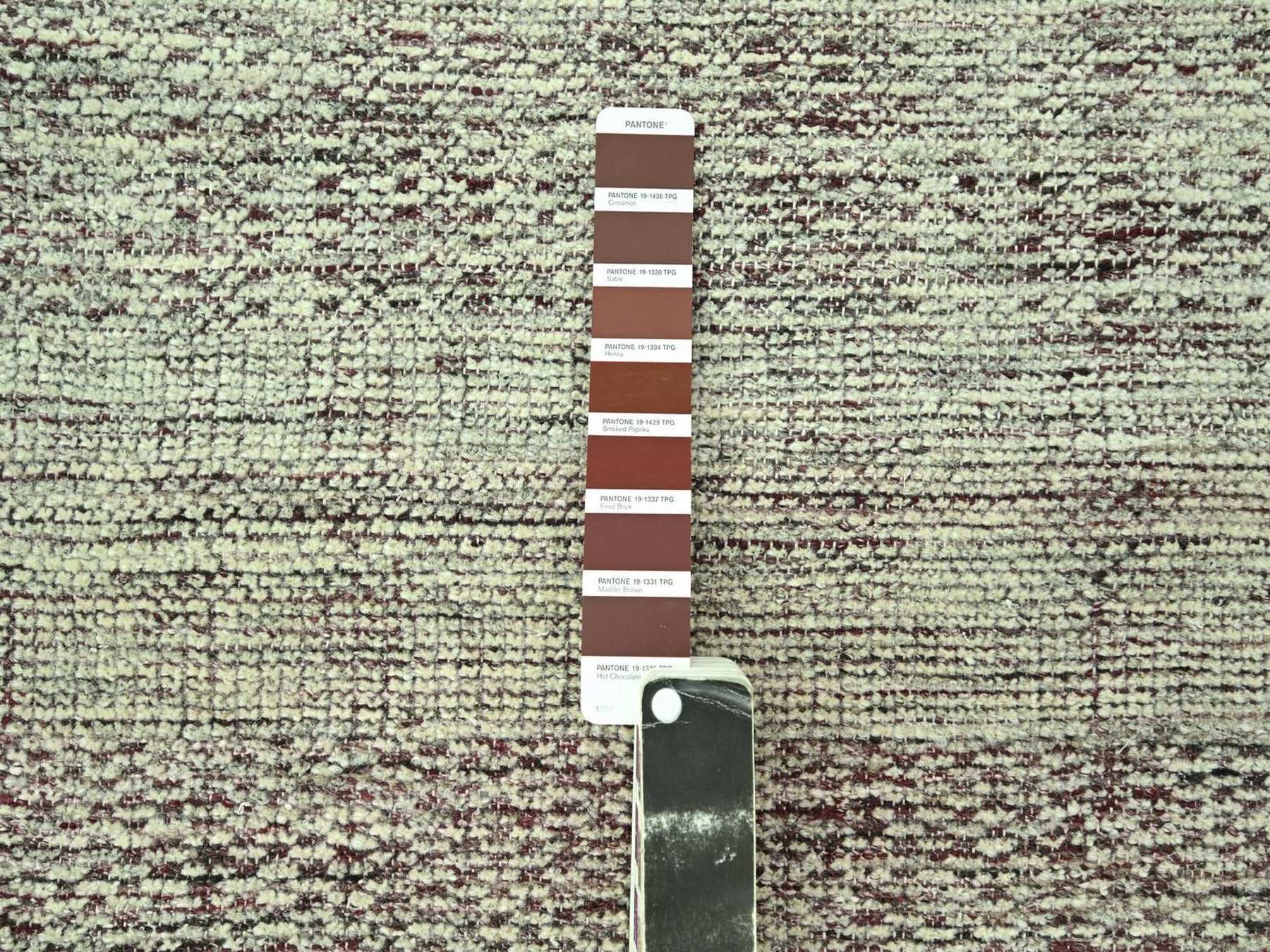 2'7"x6' Wine Red with Ivory, 100% Wool, Hand Knotted, Oxidized and Distressed Grass Design with Exposed Warps, Runner, Oriental Rug HR77056 - Image 4